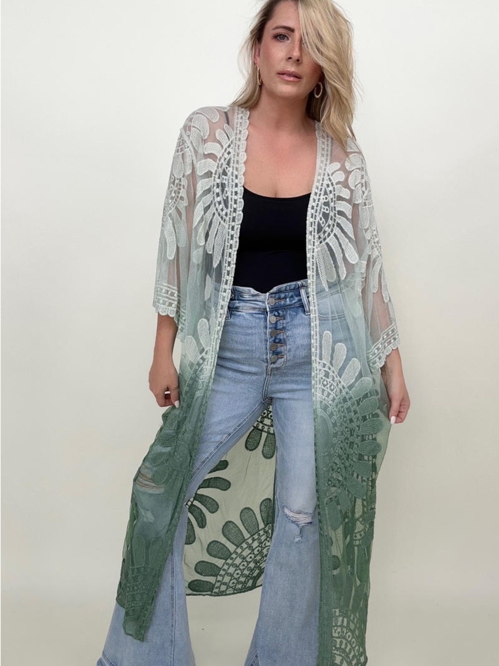 Green Ombre Embroidered Lace Long Kimono Duster NWOT